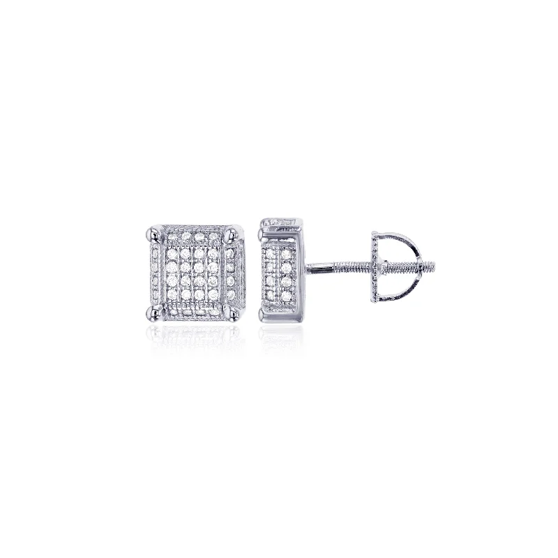 sparkling earrings for women-Micropave 3-D Square CZ Stud Earrings (Silver)