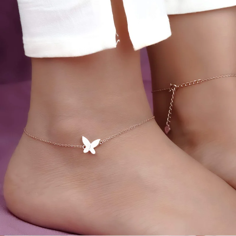 classic gold bracelet for women-Rose Gold Mini Butterfly Anklet