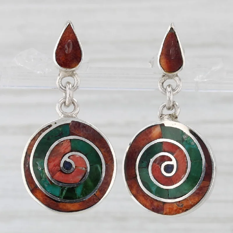 elegant diamond engagement rings for women-Pachamama Colorful Mosaic Swirl Dangle Earrings 950 Silver Pierced Drops