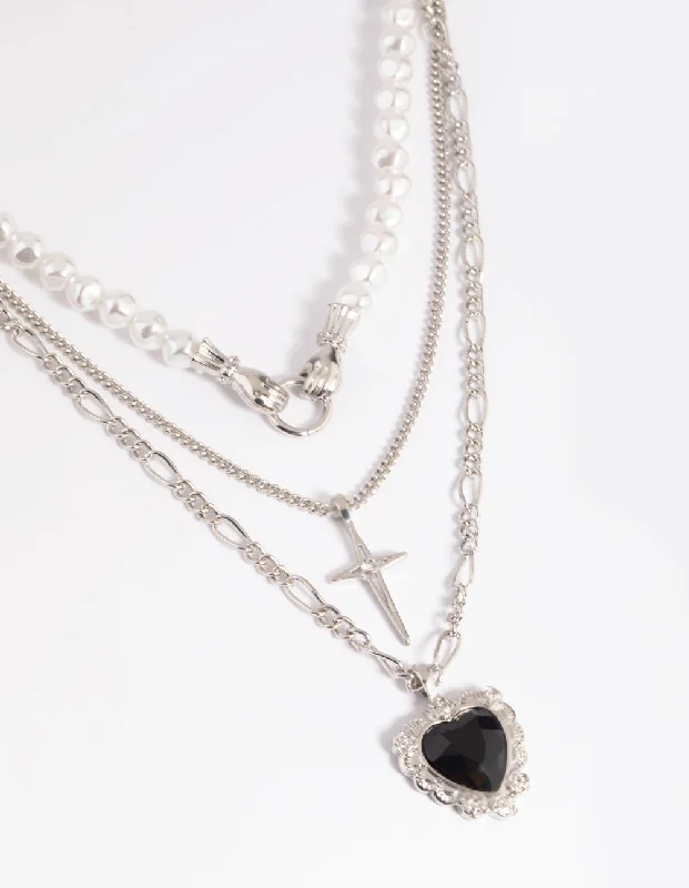 affordable necklace for women-Silver Pearl Heart Star Layered Necklace