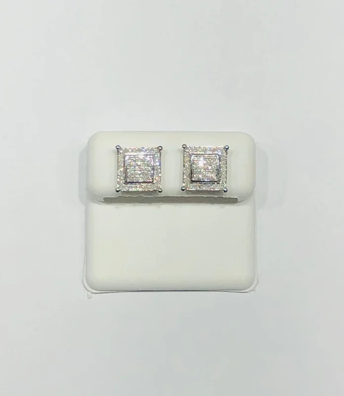 zirconia earrings for women-Square Diamond Stud Earrings (14K)