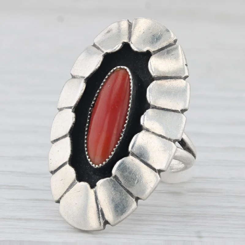 engagement rings with large stones for women-Vintage Native American Coral Statement Ring Sterling Silver Size 6.5