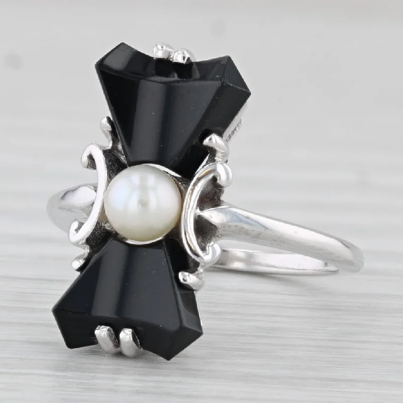 luxury engagement rings for women-Vintage Onyx Cultured Pearl Ring 10k White Gold Size 6.5