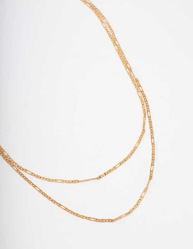 elegant chain necklace for women-Waterproof Gold Plated Stainless Steel Figaro Double Chain Necklace