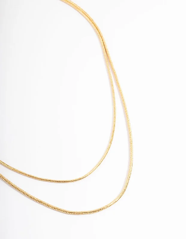 multi-strand necklace for women-Waterproof Gold Plated Stainless Steel Thin Herringbone Two Layered Necklace