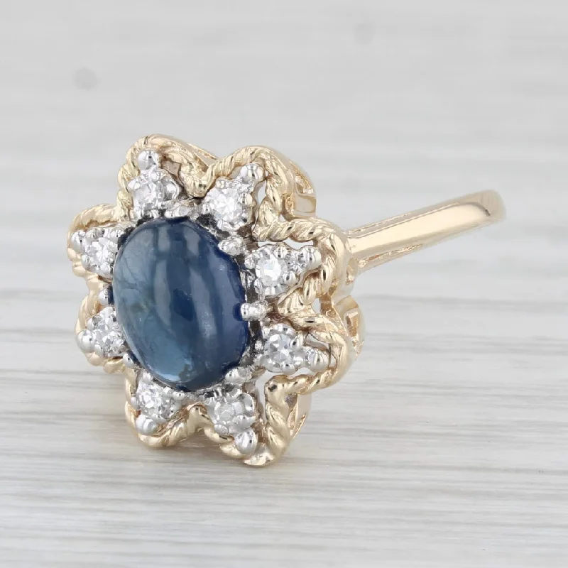 affordable engagement rings for women-1.89ctw Blue Sapphire Oval Cabochon Diamond Flower Ring 14k Gold Size 7.25