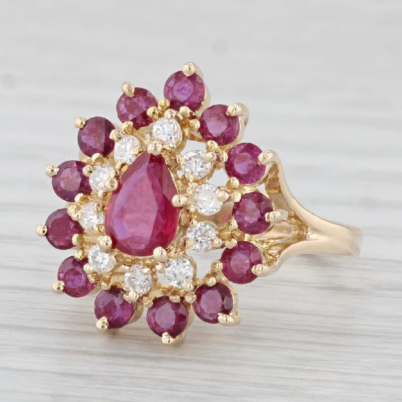 engagement rings with halo diamonds for women-2.05ctw Ruby Diamond Cluster Cocktail Ring 14k Yellow Gold Size 6.25