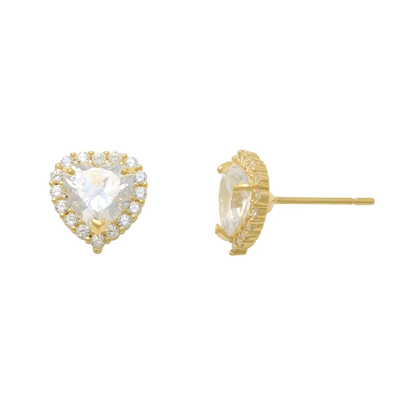 gold hoop earrings for women-Zirconia Heart Halo Stud Earrings (14K)