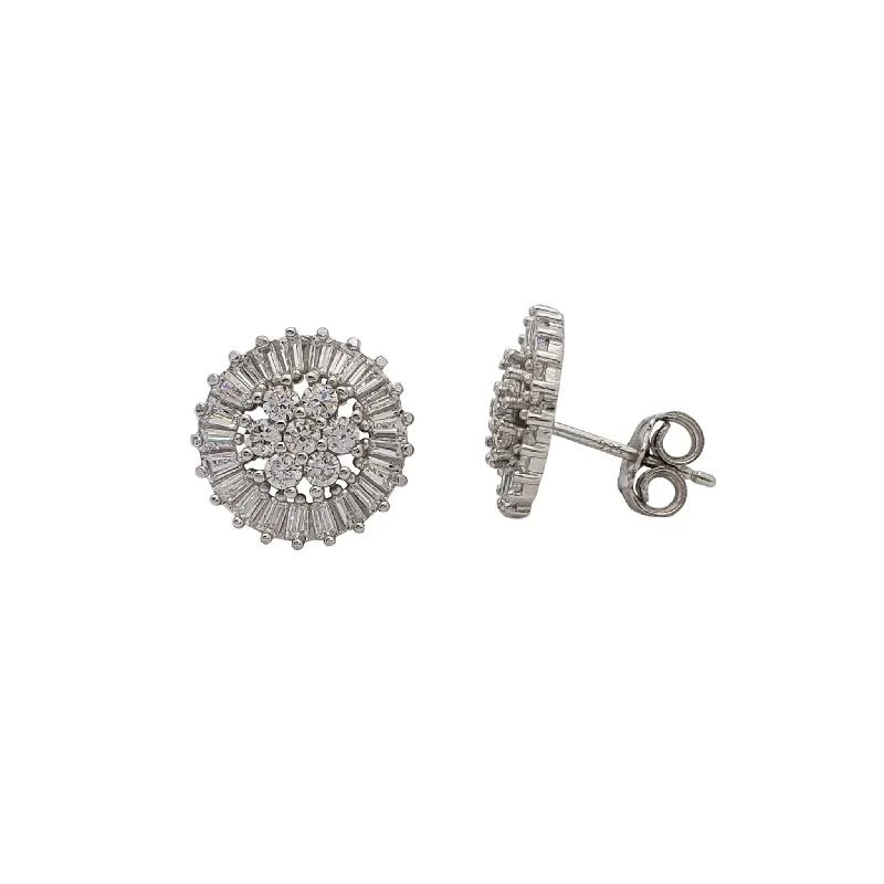 custom earrings for women-Zirconia Round & Baguettes Earrings (Silver)