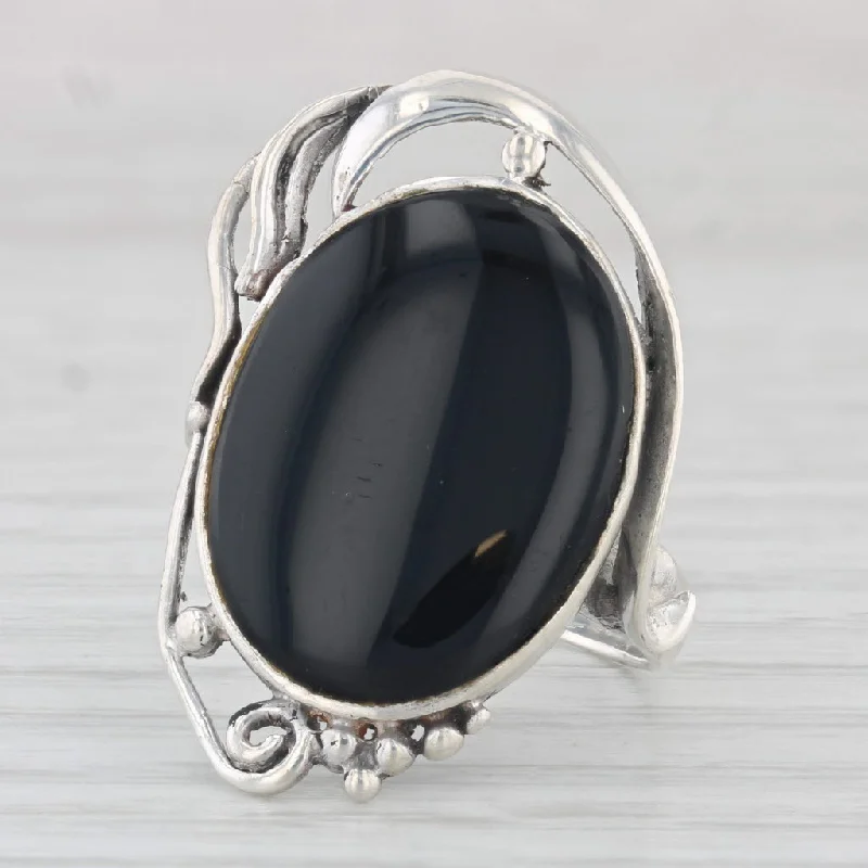 custom-made engagement rings for women-Onyx Statement Ring Sterling Silver Size 6.75 Oval Cabochon Solitaire