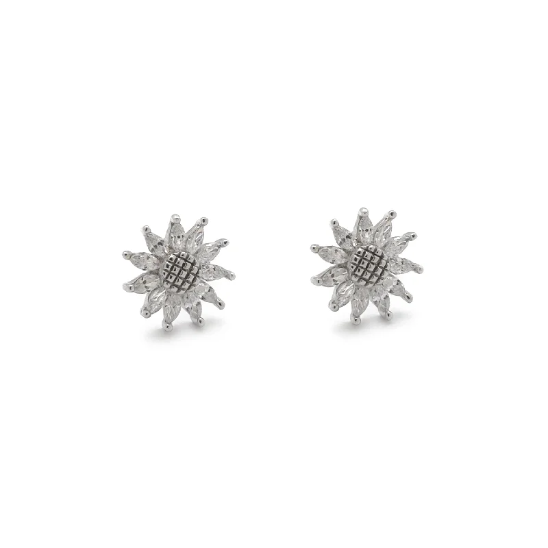 ear cuffs for women-Sun Flower Stud Earrings (Silver)