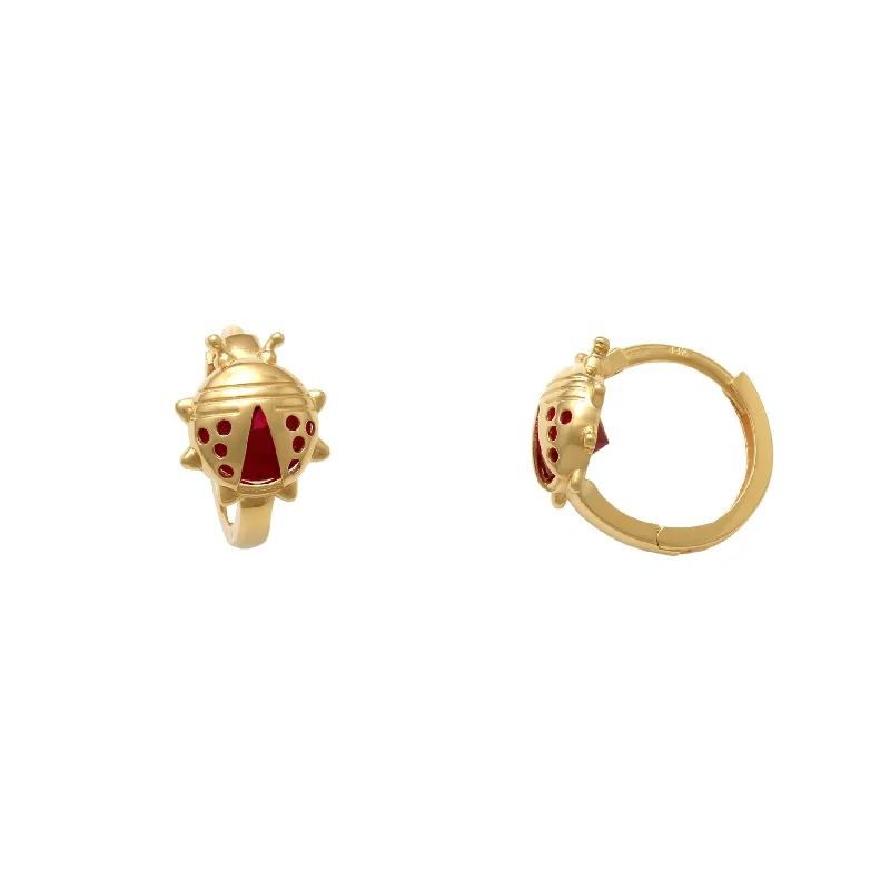 gold stud earrings for women-Zirconia Ladybug Huggie Earrings (14K)