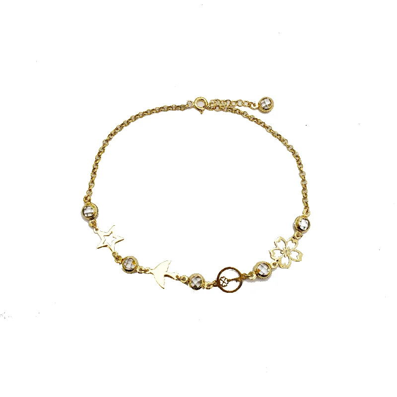 woven bracelet for women-Zirconia Charms Rolo Link Anklet (14K)