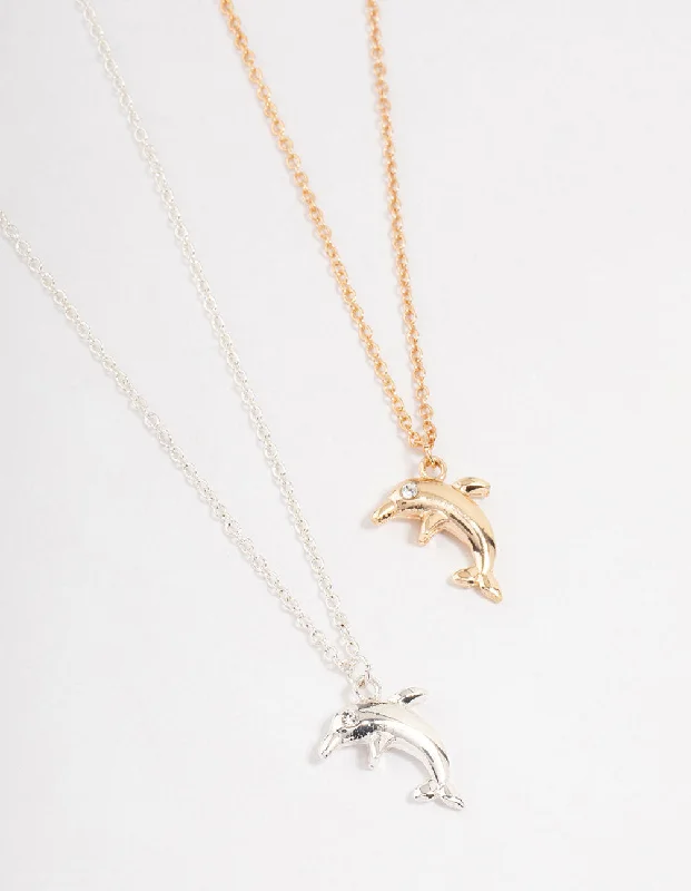 fashion necklace for women-Mixed Metals Dolphin Necklace 2-Pack