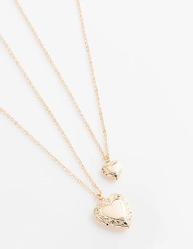 initial necklace for women-Gold Filigree Heart Locket Necklace Pack