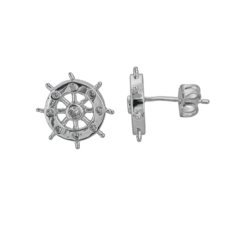 multi-stone earrings for women-Ship Wheel Stud Earrings (Silver)