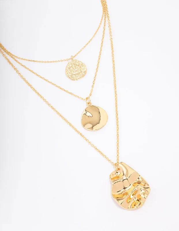 gold chain necklace for women-Gold Plated Trio Layered Molten Disc Necklace