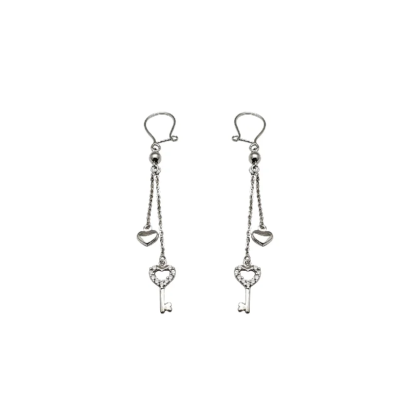 gold earrings for women-Heart & Key Dangling Earrings (14K)