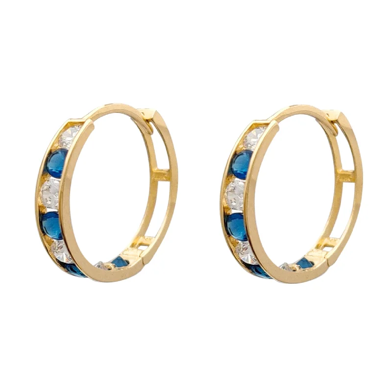 silver hoop earrings for women-White & Blue Zirconia Hoop Earrings (14K)