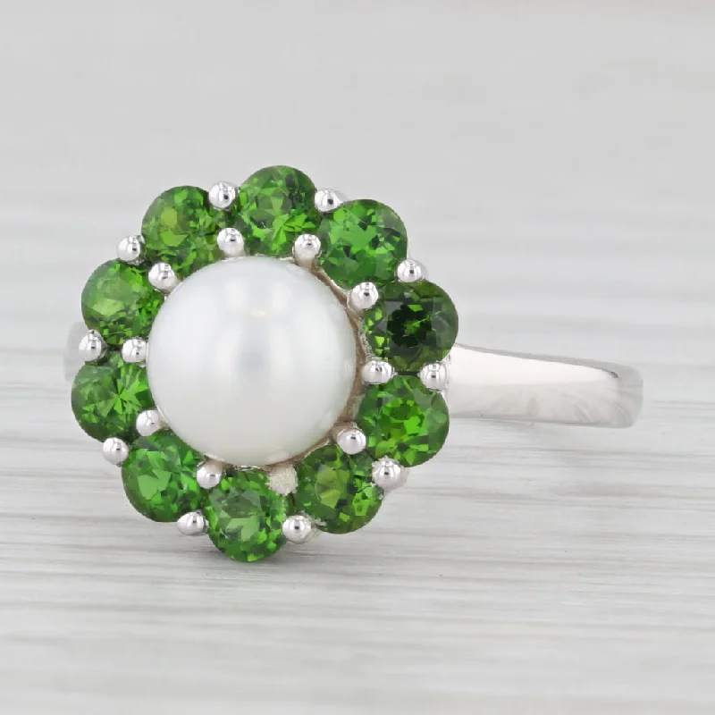 custom engagement rings for women-Cultured Pearl Green Chrome Diopside Halo Ring 10k White Gold Size 7