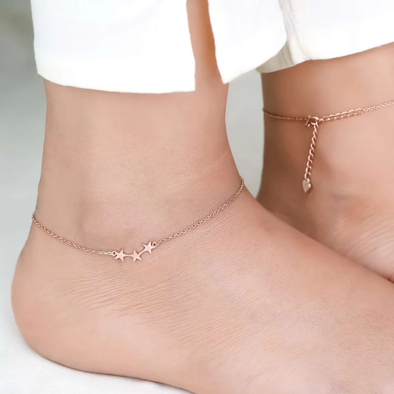 ankle bracelet with diamond for women-Rose Gold Delicate Stars Anklet For Girls