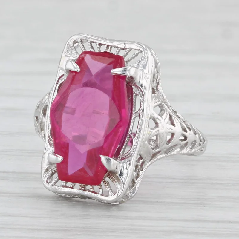 wedding engagement rings for women-Vintage 2.90ct Lab Created Ruby Solitaire Ring 10k White Gold Filigree Size 3.25