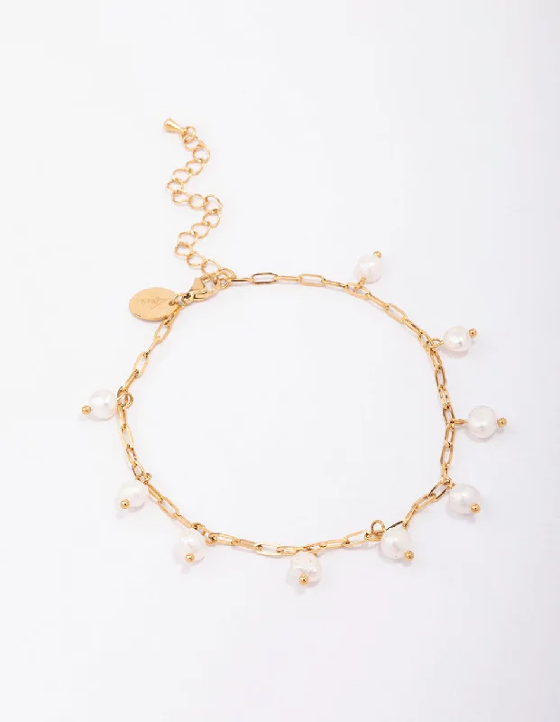 custom anklet for women-Waterproof Gold Plated Stainless Steel Station Freshwater Pearl Drop Anklet