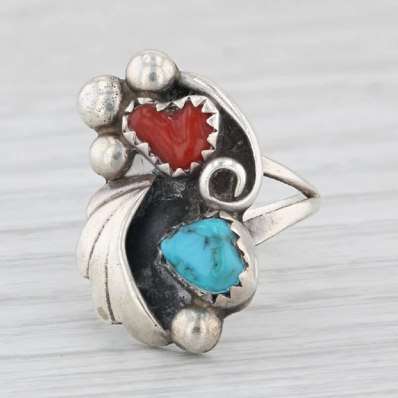 vintage oval engagement rings for women-Vintage Native American Coral Turquoise Statement Ring Sterling Silver Size 4.5