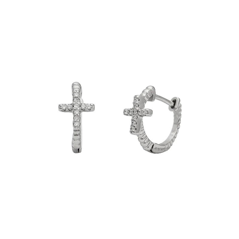 elegant earrings for women-Zirconia Beaded Cross Huggie Earrings (Silver)