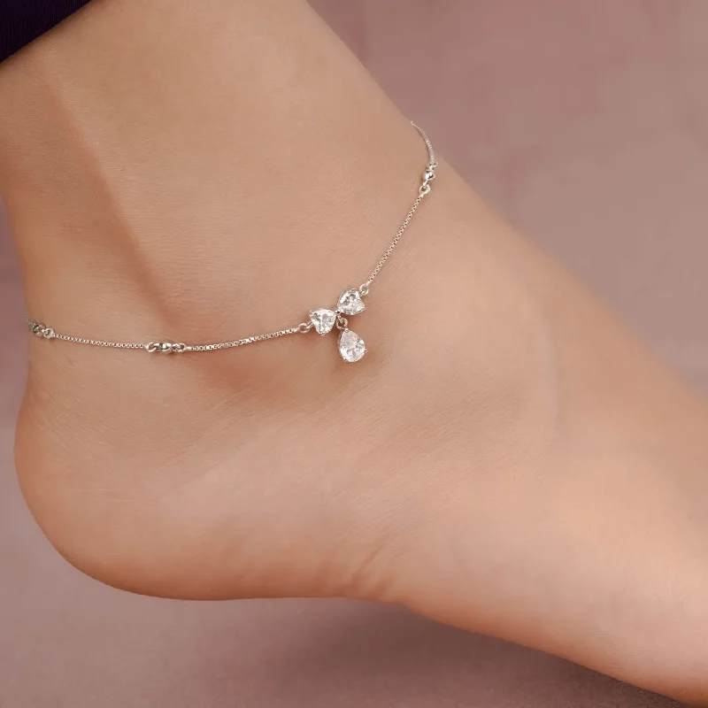 stretchy anklet for women-Silver Heart Teardrop Bow Anklet