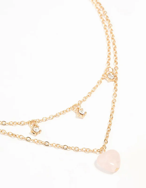 diamond necklace for women-Gold Diamante Pink Heart Layered Necklace