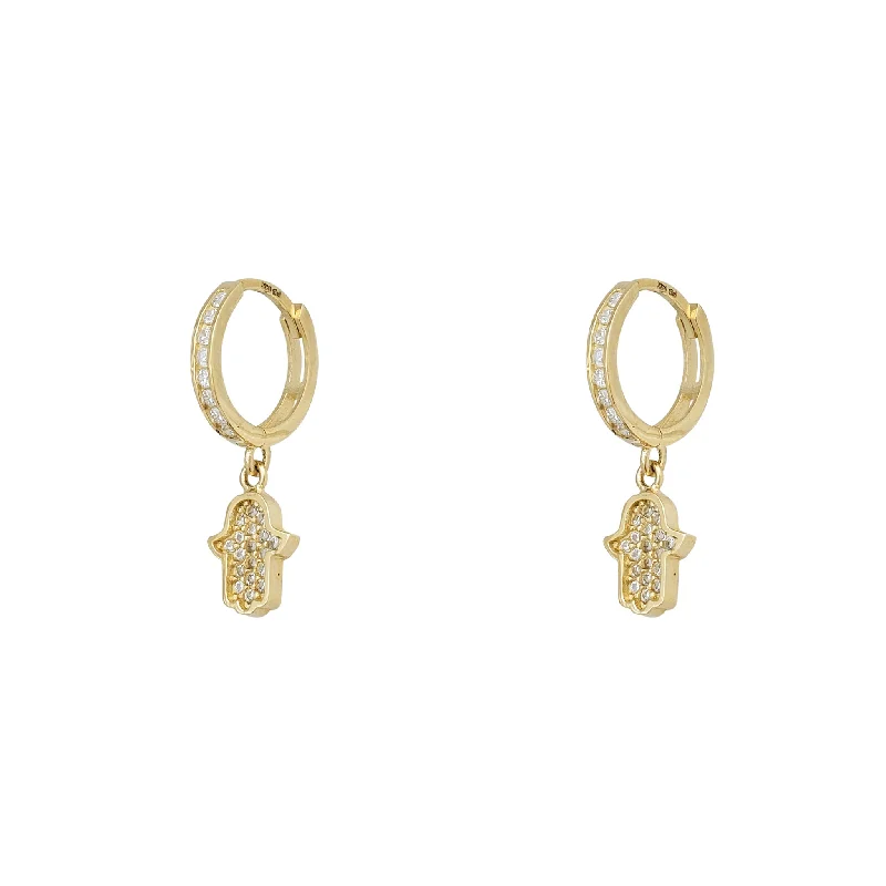 large stud earrings for women-Zirconia Hamsa-Hand Huggie Hanging Earrings (14K)