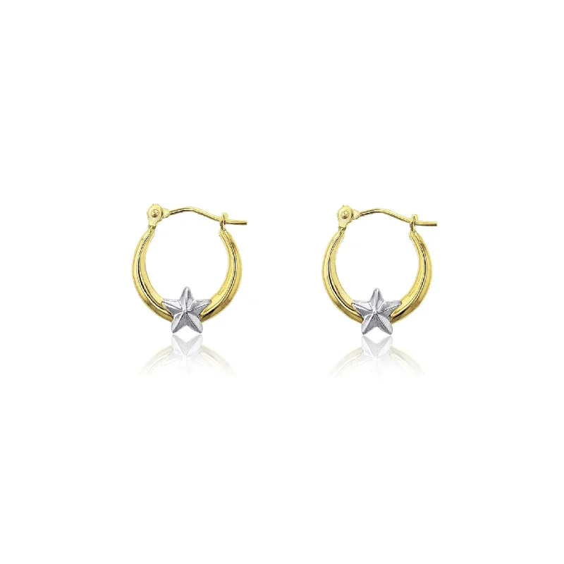 cute hoop earrings for women-Two-Tone Star Crescent Hoop Earrings (14K)