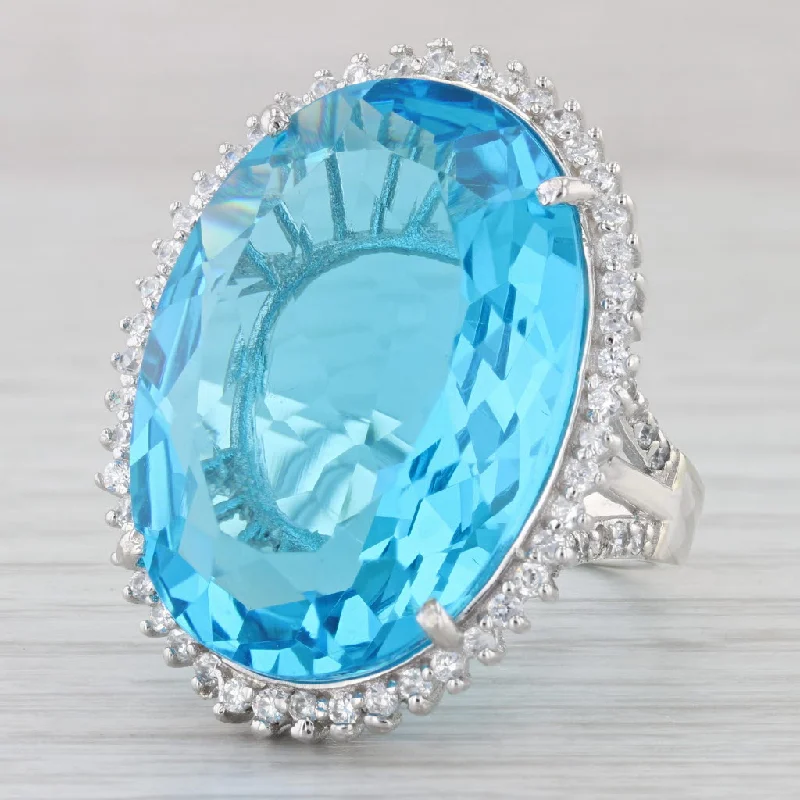 halo gemstone engagement rings for women-Sterling Silver Cocktail Portuguese Blue Glass Halo Statement Size 9.25 Ring