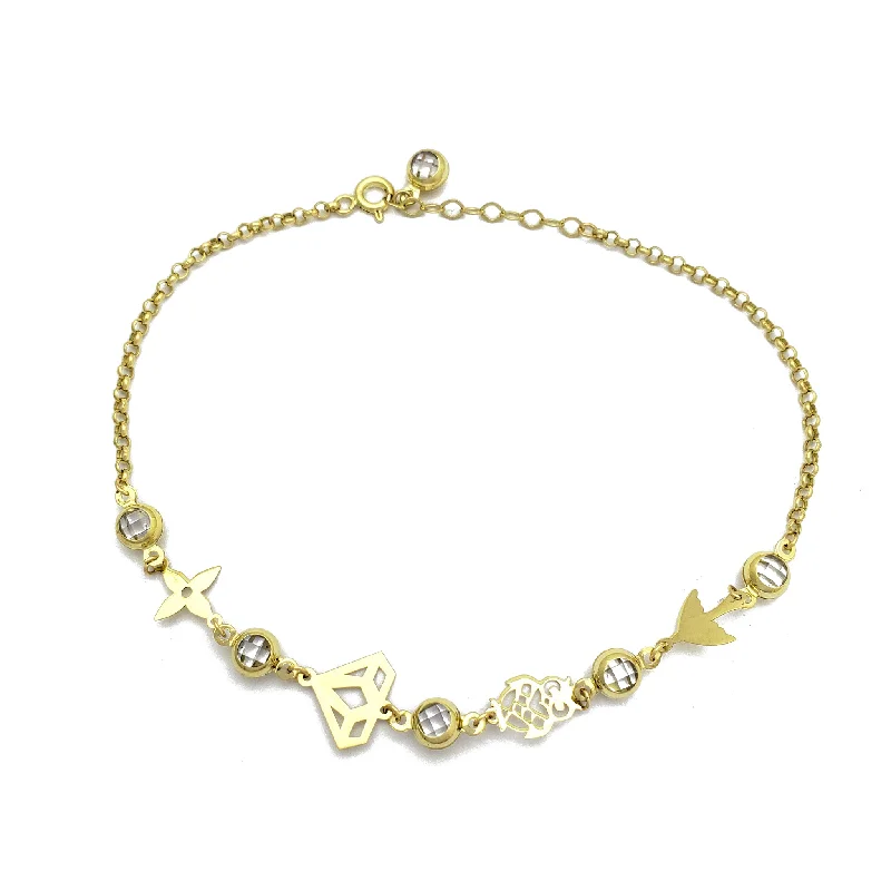 thin bracelet for women-Zirconia Charms Rolo Link Anklet (14K)