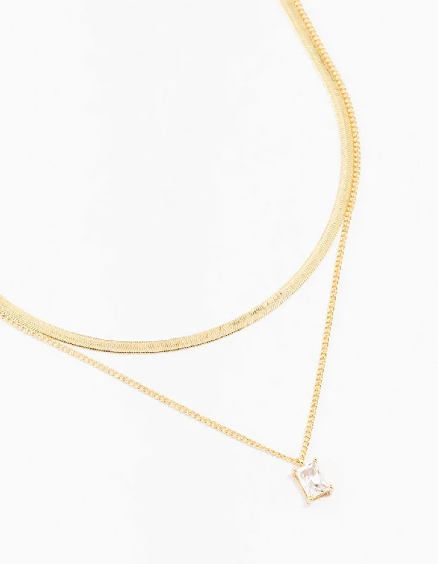 infinity pendant necklace for women-Gold Plated Baguette Snake Pendant Layered Necklace