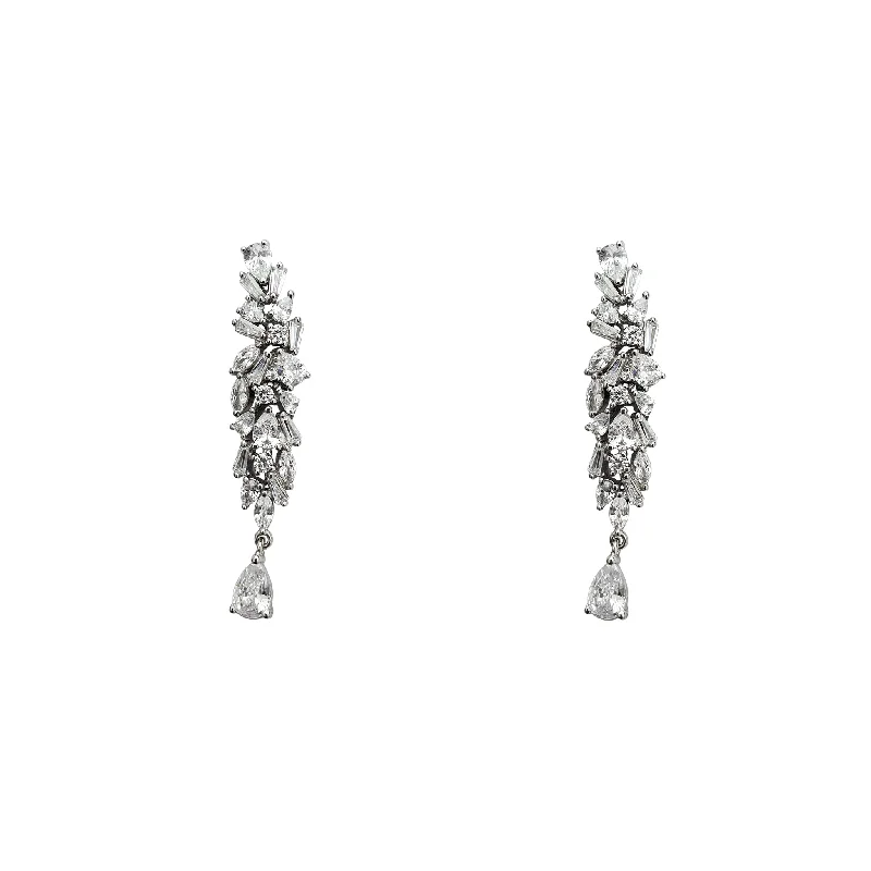 modern earrings for women-Zirconia Cluster Baguettes & Pear-shaped Drop Earrings (Silver)