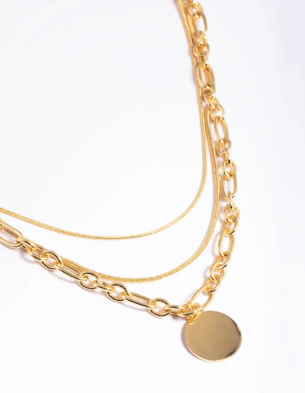 delicate chain necklace for women-Waterproof Gold Plated Stainless Steel Oval Chunky Disc Layered Necklace