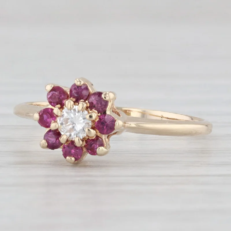 cushion cut engagement rings for women-0.40ctw Ruby Diamond Flower Cluster Ring 14k Yellow Gold Size 8.25