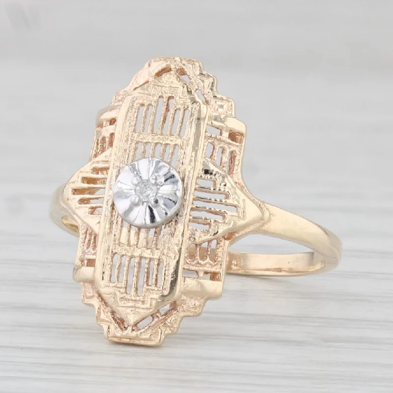 halo diamond engagement rings for women-Vintage Diamond Accented Ring 10k Yellow Gold Filigree Size 6.5