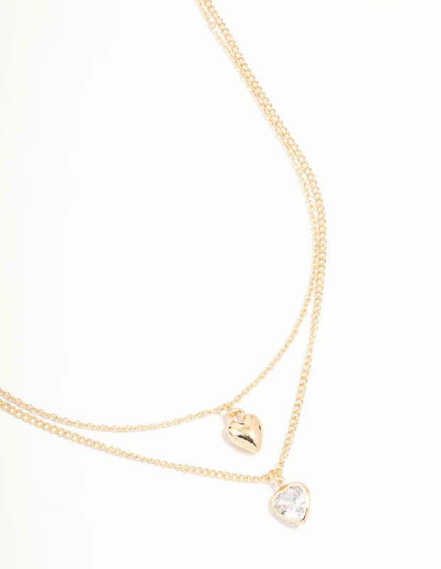 diamond pendant necklace for women-Gold Puffy Heart & Diamante Layered Necklace