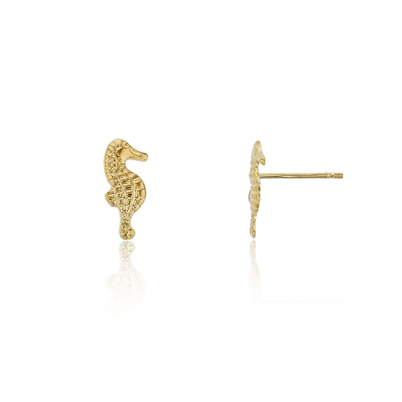 statement stud earrings for women-Textured Seahorse Stud Earrings (14K)