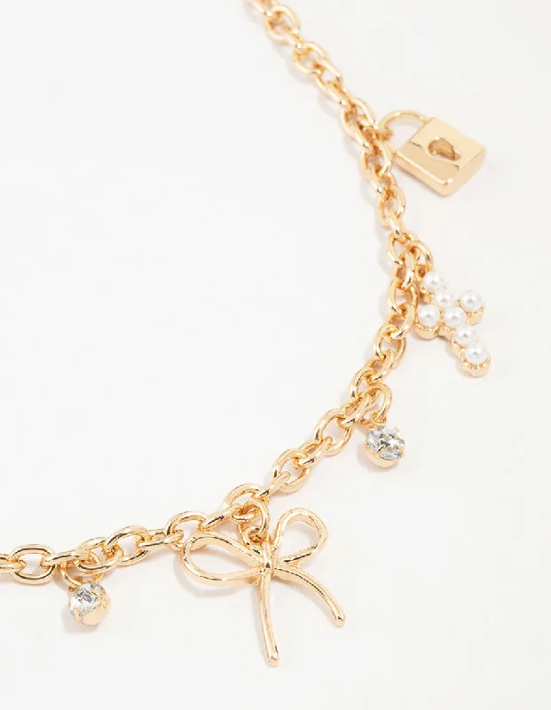 dainty necklace for women-Gold Bow & Cross Charm Necklace