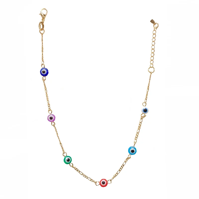 boho anklet for women-18K Gold Filled Multi Evil Eye Figaro Chain Anklet