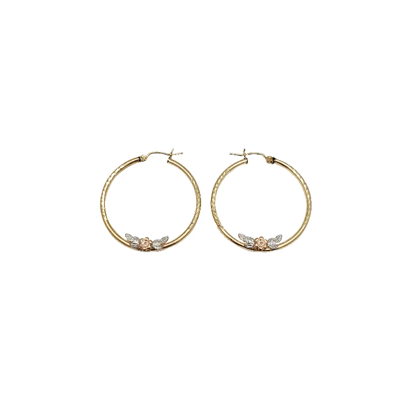 rose gold hoop earrings for women-Tri-color Flower Hoop Earrings (14K)