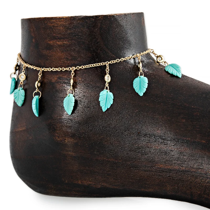 friendship bracelet for women-11 DIAMOND TURQUOISE LEAF SHAKER ANKLET