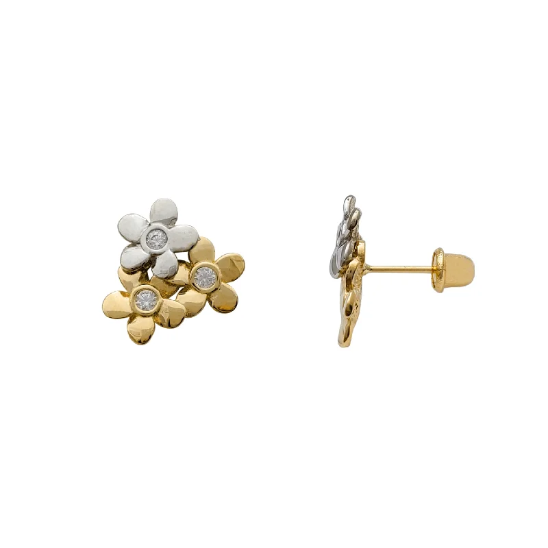 large stud earrings for women-Zirconia Three-Flower Stud Earrings (14K)