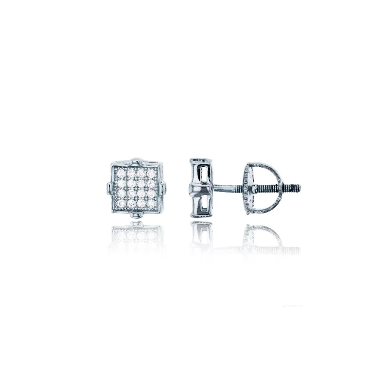 luxurious earrings for women-Pave  Square Screw Back Stud Earring (Silver)