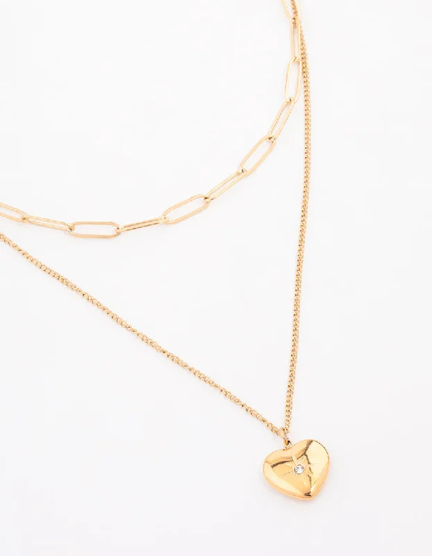 crystal necklace for women-Waterproof Gold Plated Stainless Steel Heart Layered Pendant Necklace