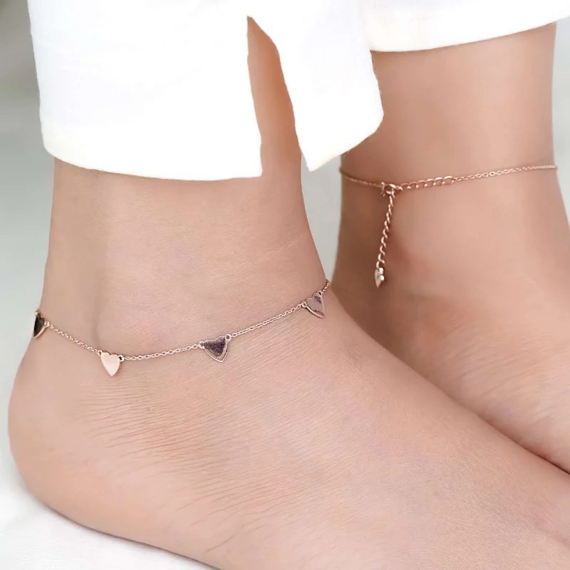 double anklet for women-Rose Gold 5 Hearts Dazzling Anklet